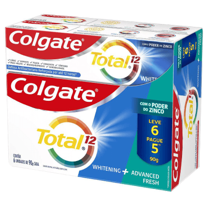 Creme Dental Colgate Total 12 Whitening + Advance Fresh 90g (6 unidades)