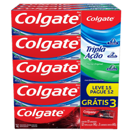 Creme Dental Colgate Tripla Ação Menta Original 90g (12 unidades) + Creme Dental Colgate Luminous White Carvão Ativado 60g (3 unidades)
